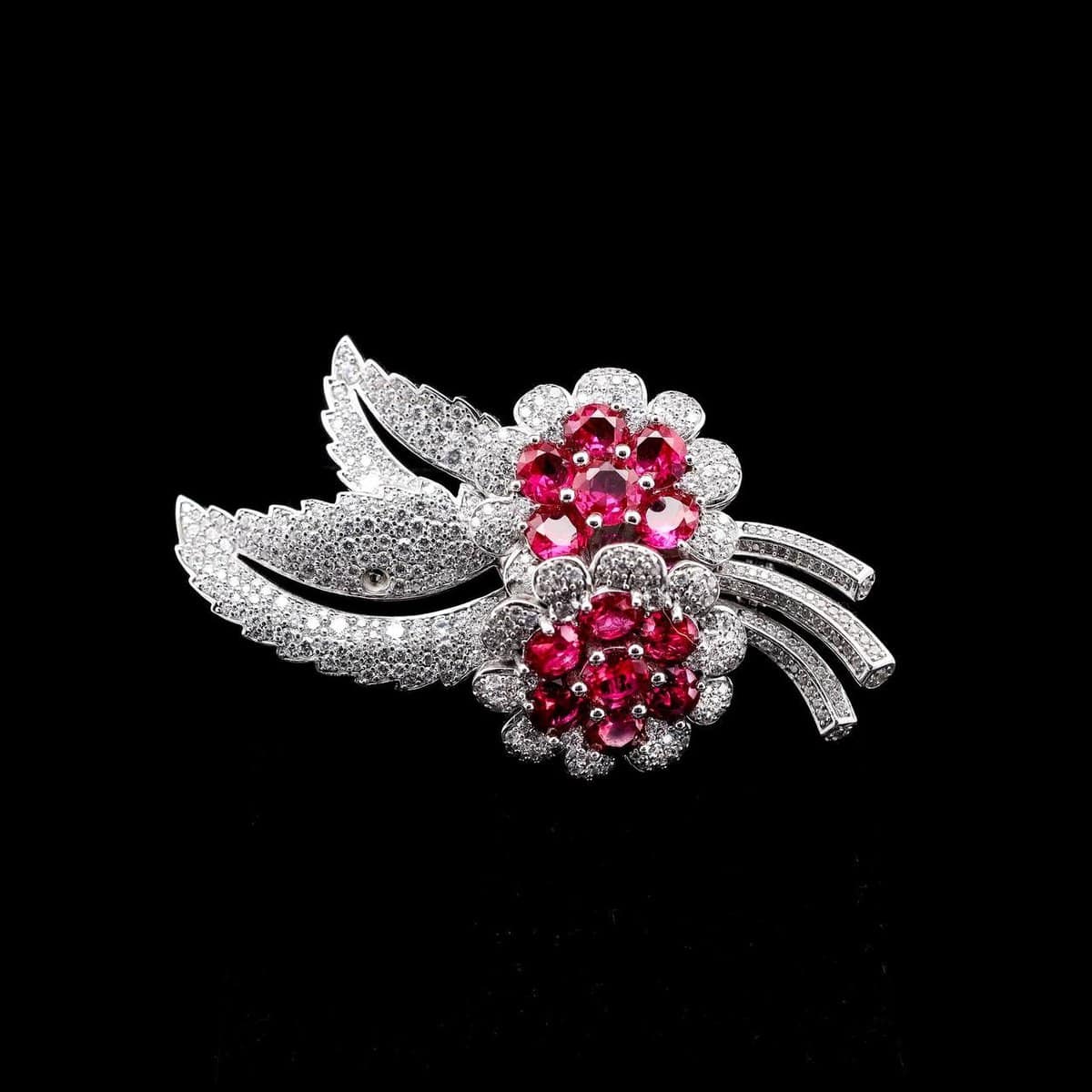 Omnia Ruby Floral Brooch in 92.5 Silver with High Quality Simulated Diamonds - OMNIASTORES UAE