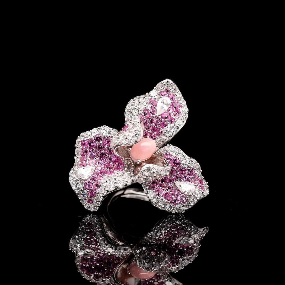 Omnia Pink Orchid Ring in 92.5 Silver with High-Quality Simulated Diamonds and Coral Stone Detail - OMNIASTORES UAE