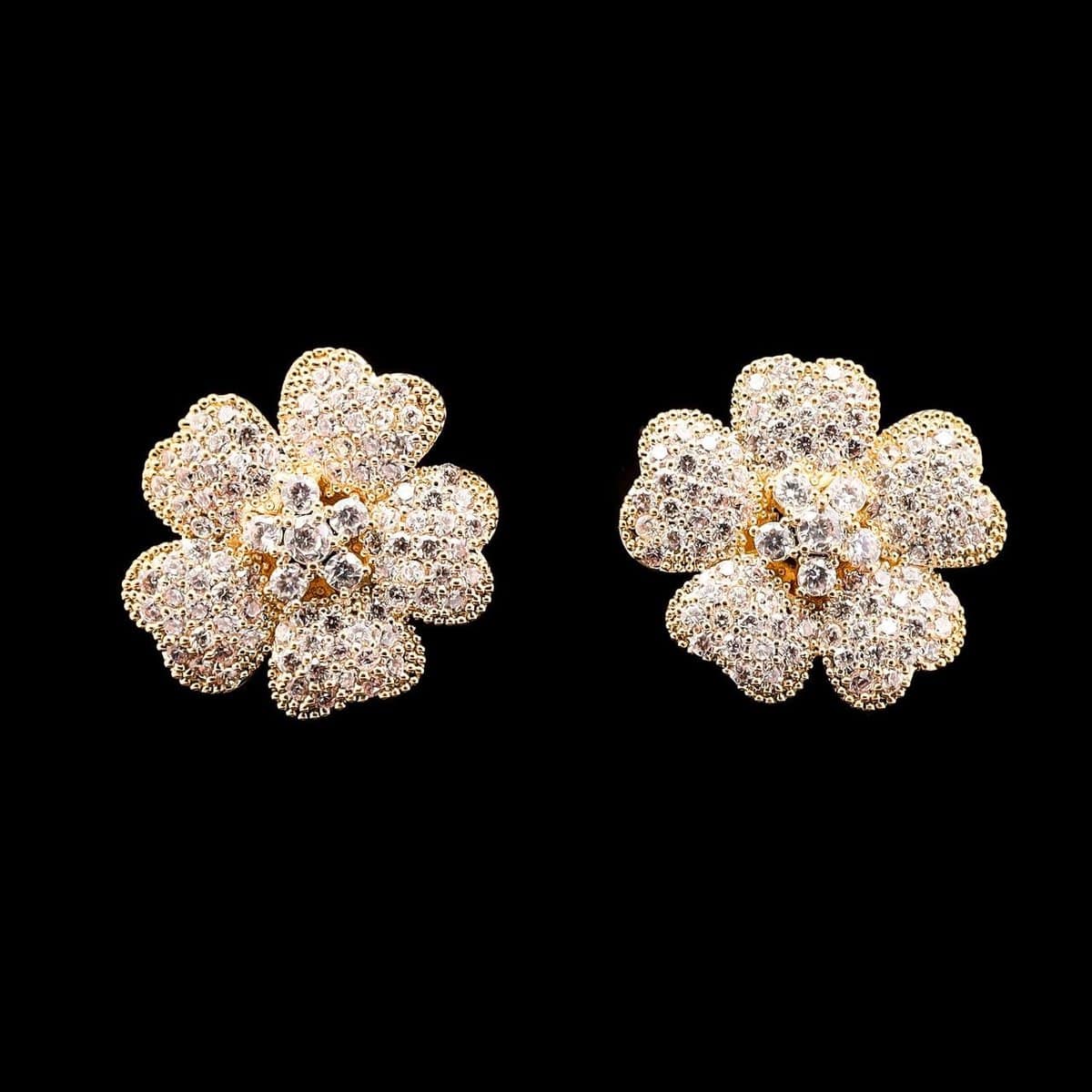 Omnia Golden Floral Earrings with High-Quality Zircon Stones in Rhodium Plated