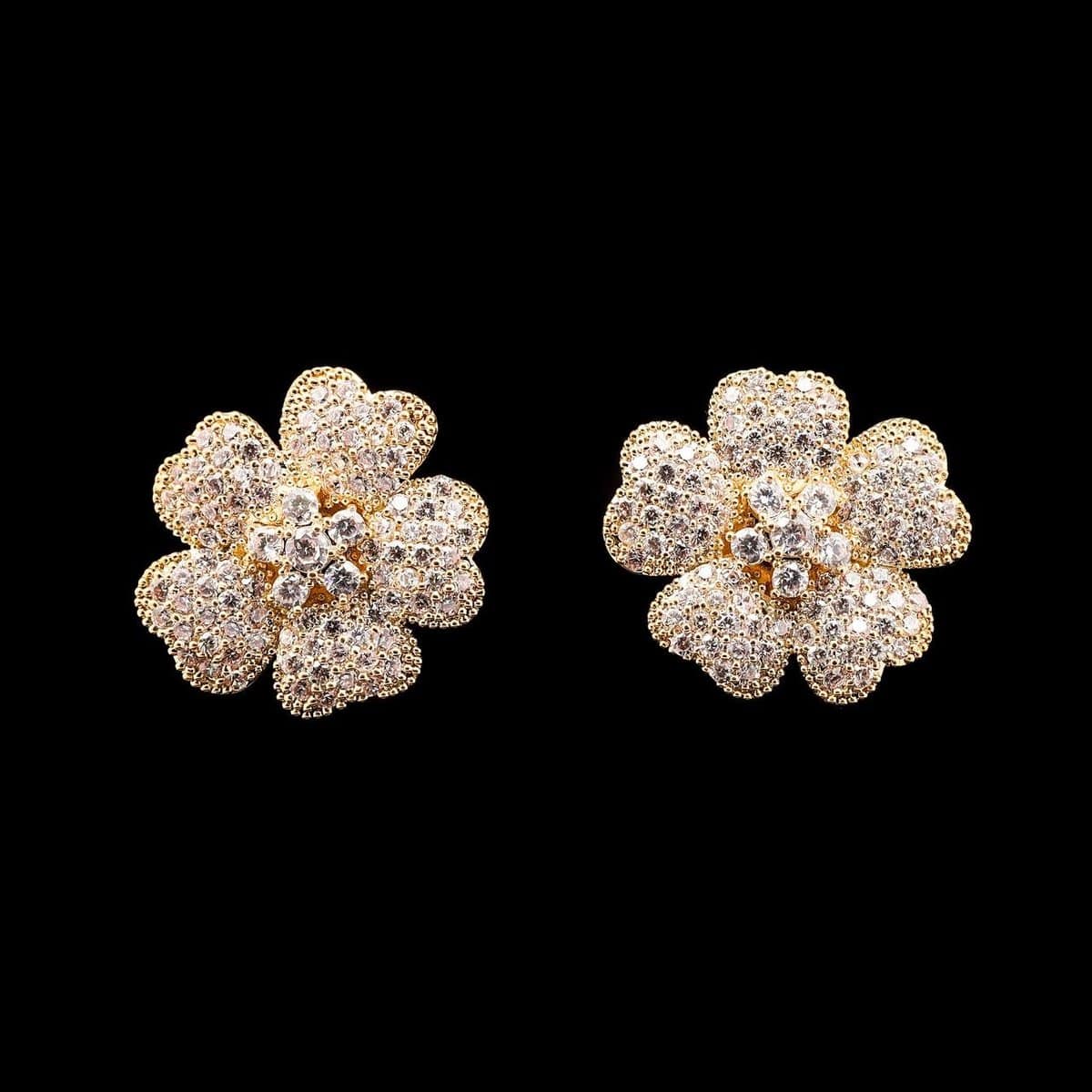 Omnia Golden Floral Earrings with High-Quality Zircon Stones in Rhodium Plated