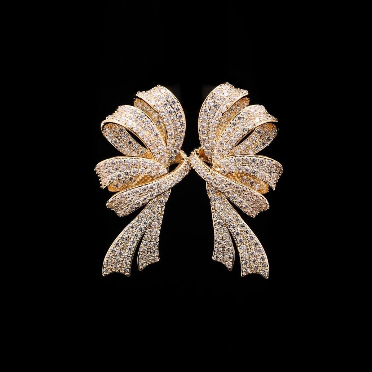 Omnia Lamia Golden Ribbon Statement Earrings with High-Quality Zircon Stones in Rhodium-Plated Finish - OMNIASTORES UAE