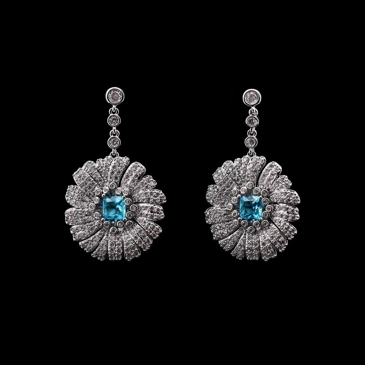 Omnia Shaden Blue Radiant Floral Drop Earrings with High-Quality Zircon Stones in Rhodium-Plated Finish - OMNIASTORES UAE
