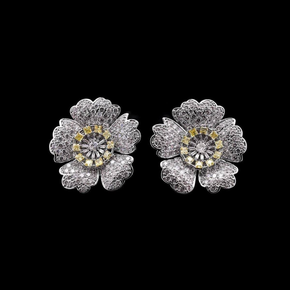 Omnia Zahra White and Yellow Floral Stud Earrings with High-Quality Zircon Stones in Rhodium-Plated Finish - OMNIASTORES UAE