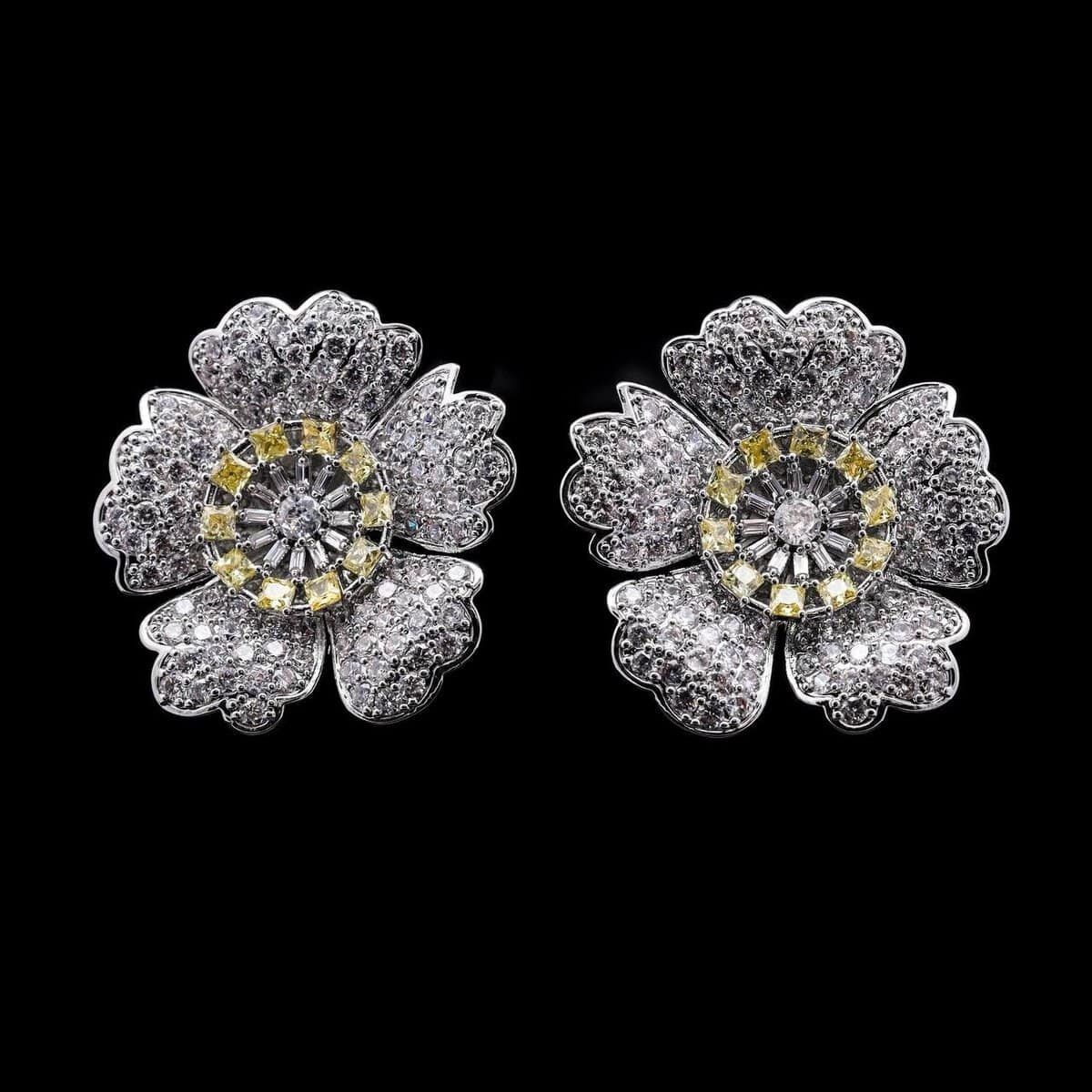 Omnia Zahra White and Yellow Floral Stud Earrings with High-Quality Zircon Stones in Rhodium-Plated Finish - OMNIASTORES UAE
