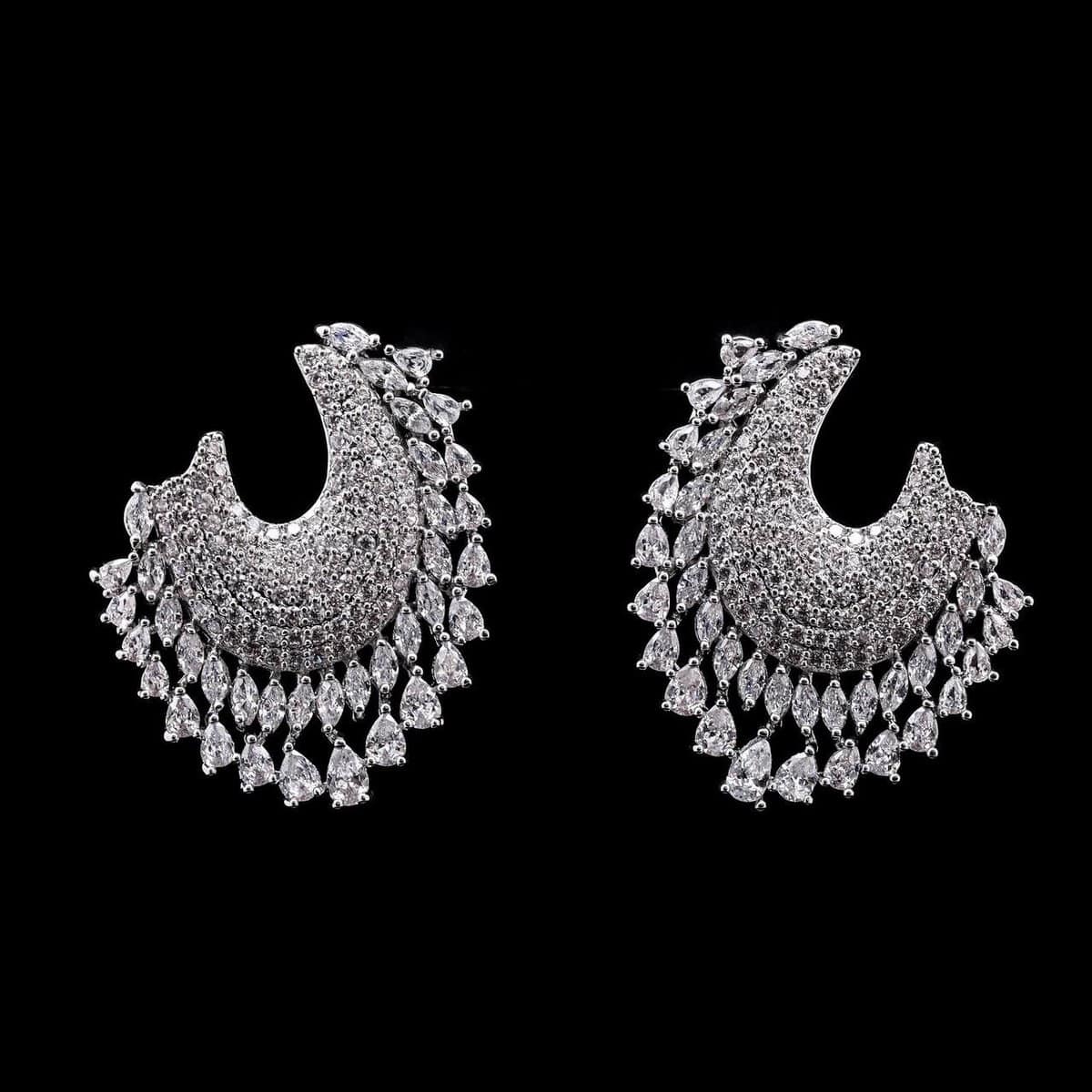 Omnia Hanin Cascade-Design Statement Earrings with High-Quality Zircon Stones in Rhodium-Plated Finish - OMNIASTORES UAE