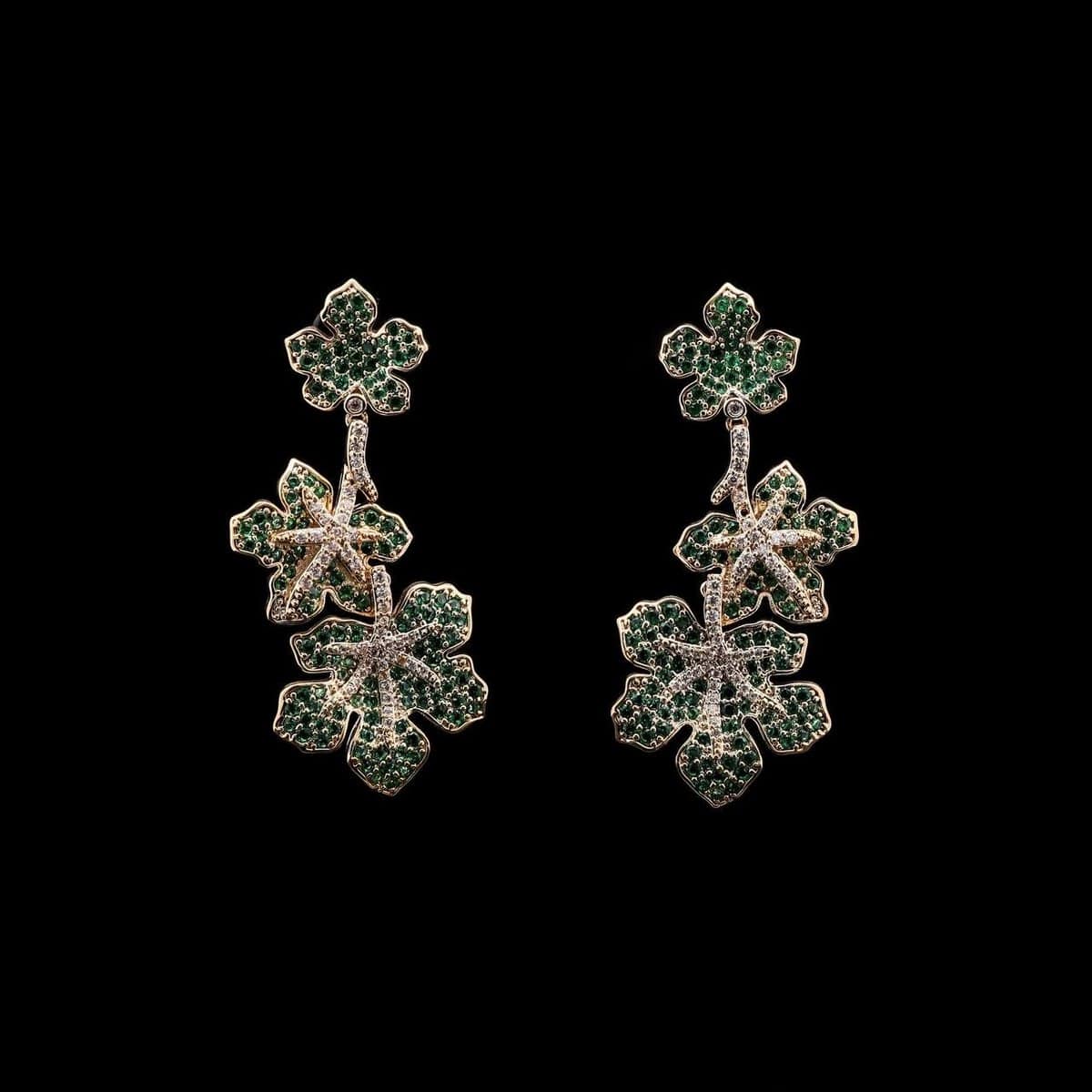 Omnia Brinley Green Leaf Cascade Earrings in High-Quality Zircon Stones with Rhodium-Plated Finish - OMNIASTORES UAE