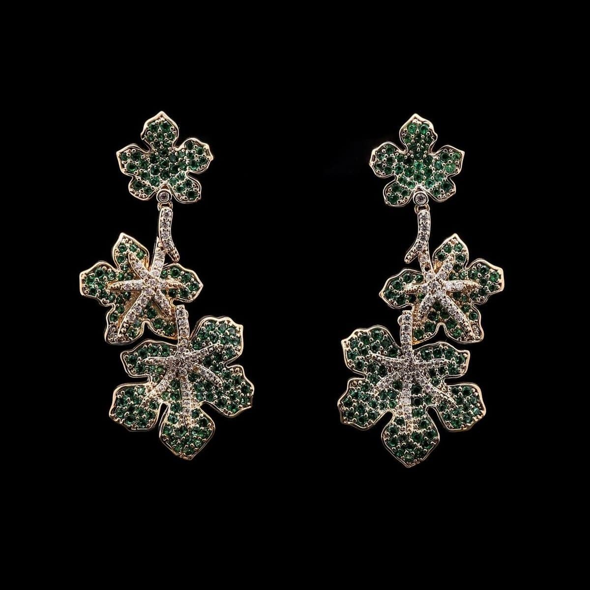 Omnia Brinley Green Leaf Cascade Earrings in High-Quality Zircon Stones with Rhodium-Plated Finish - OMNIASTORES UAE
