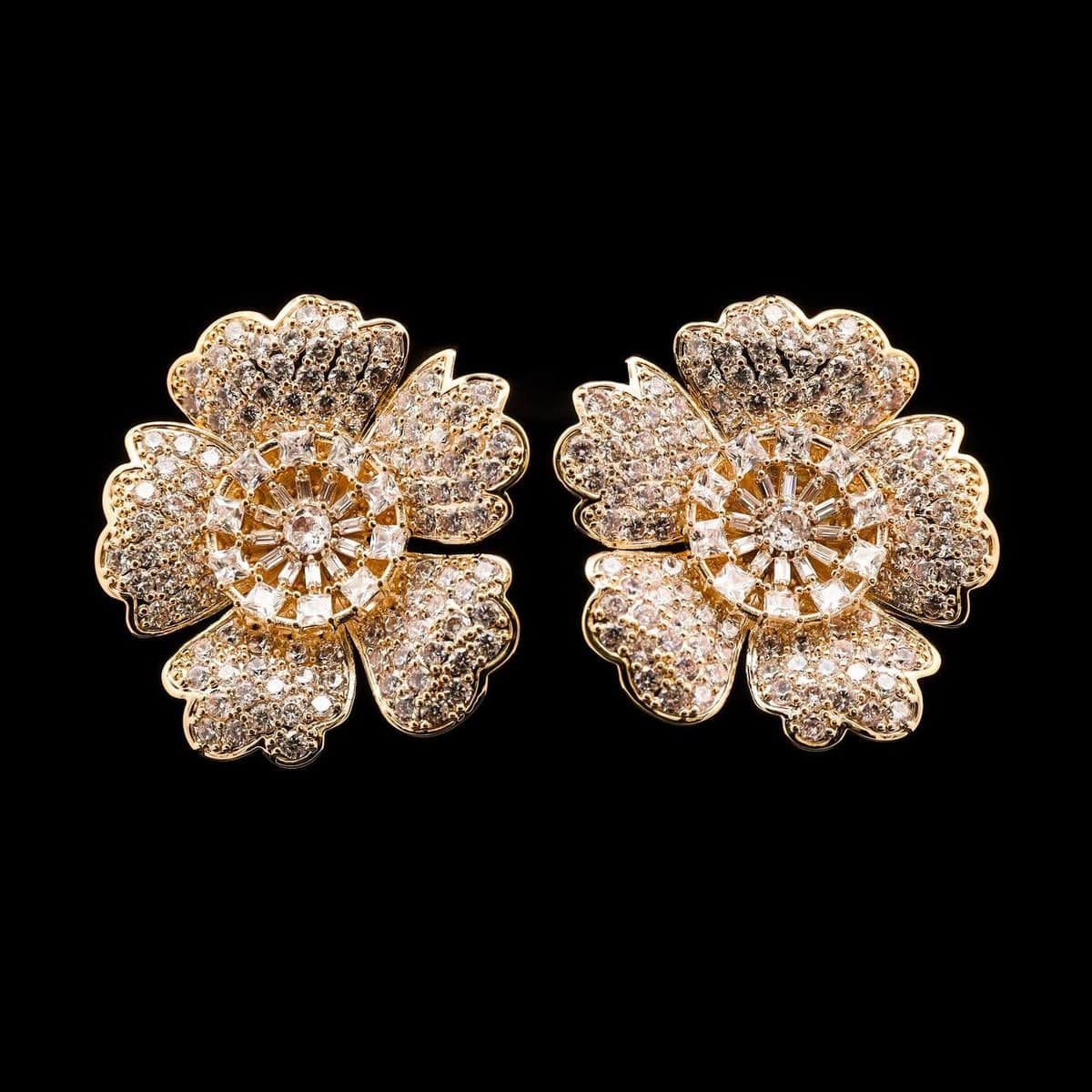 Omnia Raneem Golden Floral Stud Earrings in High-Quality Zircon Stones Rhodium-Plated Finish - OMNIASTORES UAE