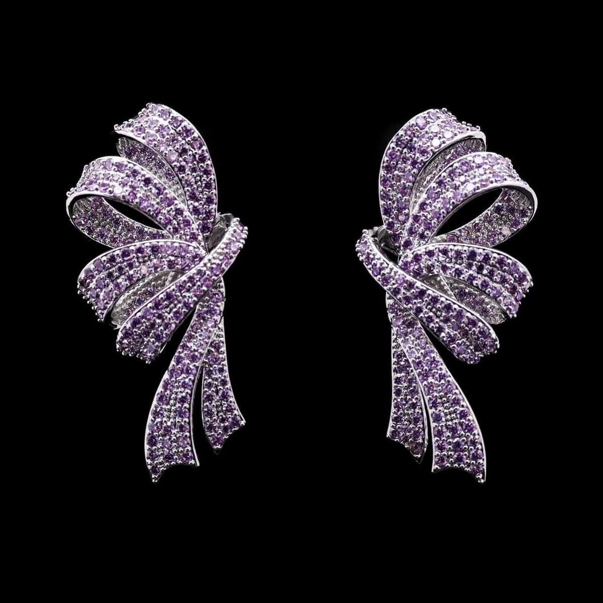 Omnia Lamia Purple Ribbon Statement Earrings with High-Quality Zircon Stones in Rhodium-Plated Finish - OMNIASTORES UAE