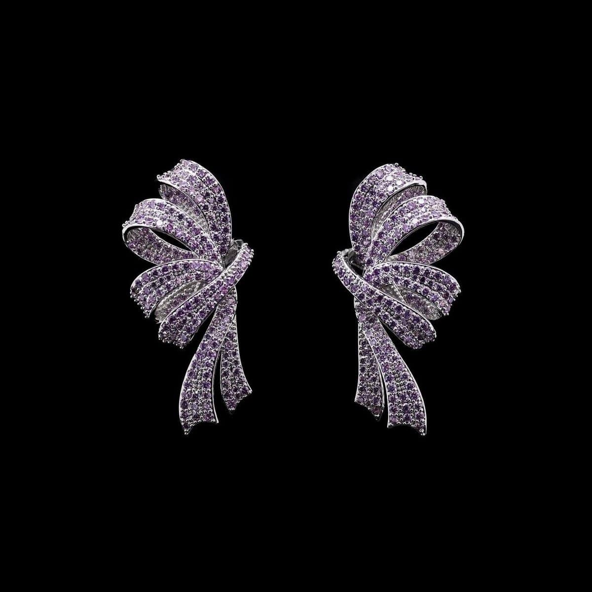 Omnia Lamia Purple Ribbon Statement Earrings with High-Quality Zircon Stones in Rhodium-Plated Finish - OMNIASTORES UAE