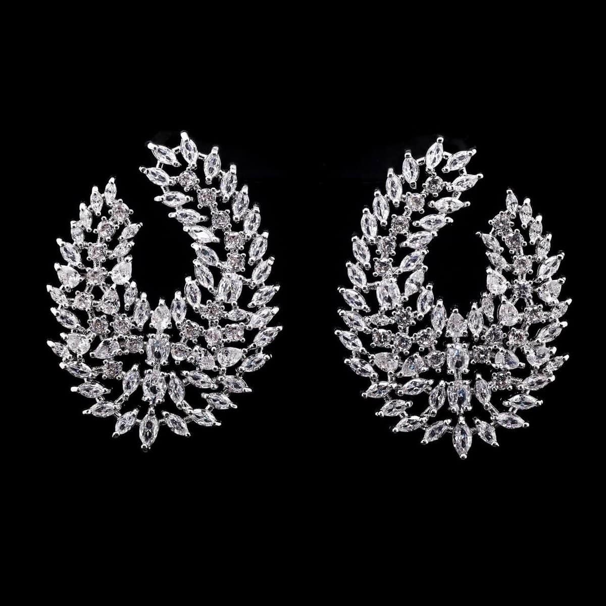 Omnia Layali Feather-Design Statement Earrings with High-Quality Zircon Stones in Rhodium-Plated Finish - OMNIASTORES UAE