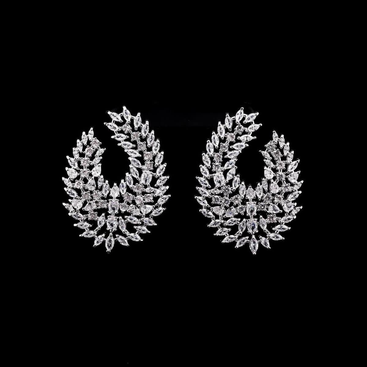 Omnia Layali Feather-Design Statement Earrings with High-Quality Zircon Stones in Rhodium-Plated Finish - OMNIASTORES UAE