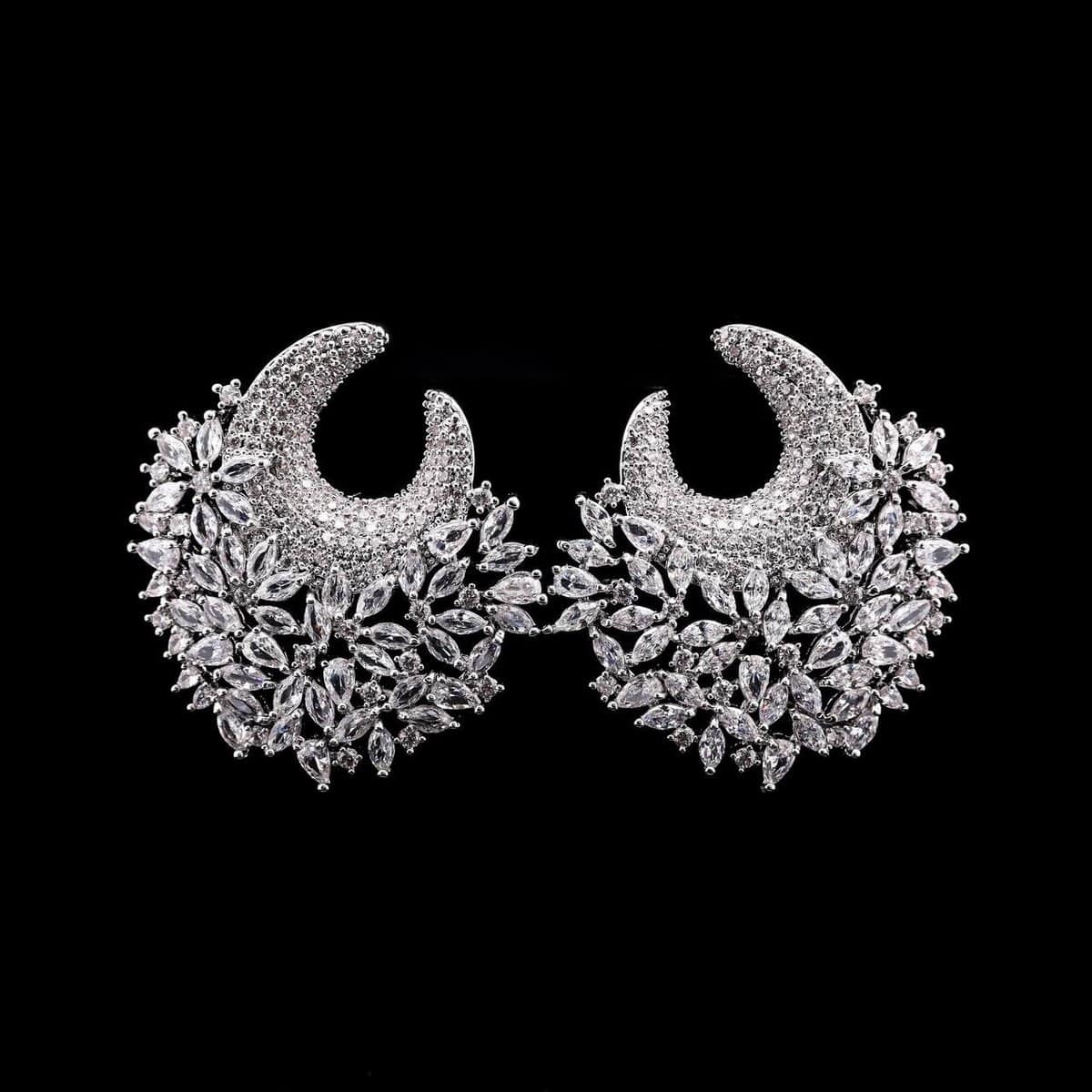 Omnia Layla Pure White Floral Crescent Hoop Earrings with Zircon Accents in High Quality Zircon Stone Rhodium Plated - OMNIASTORES UAE