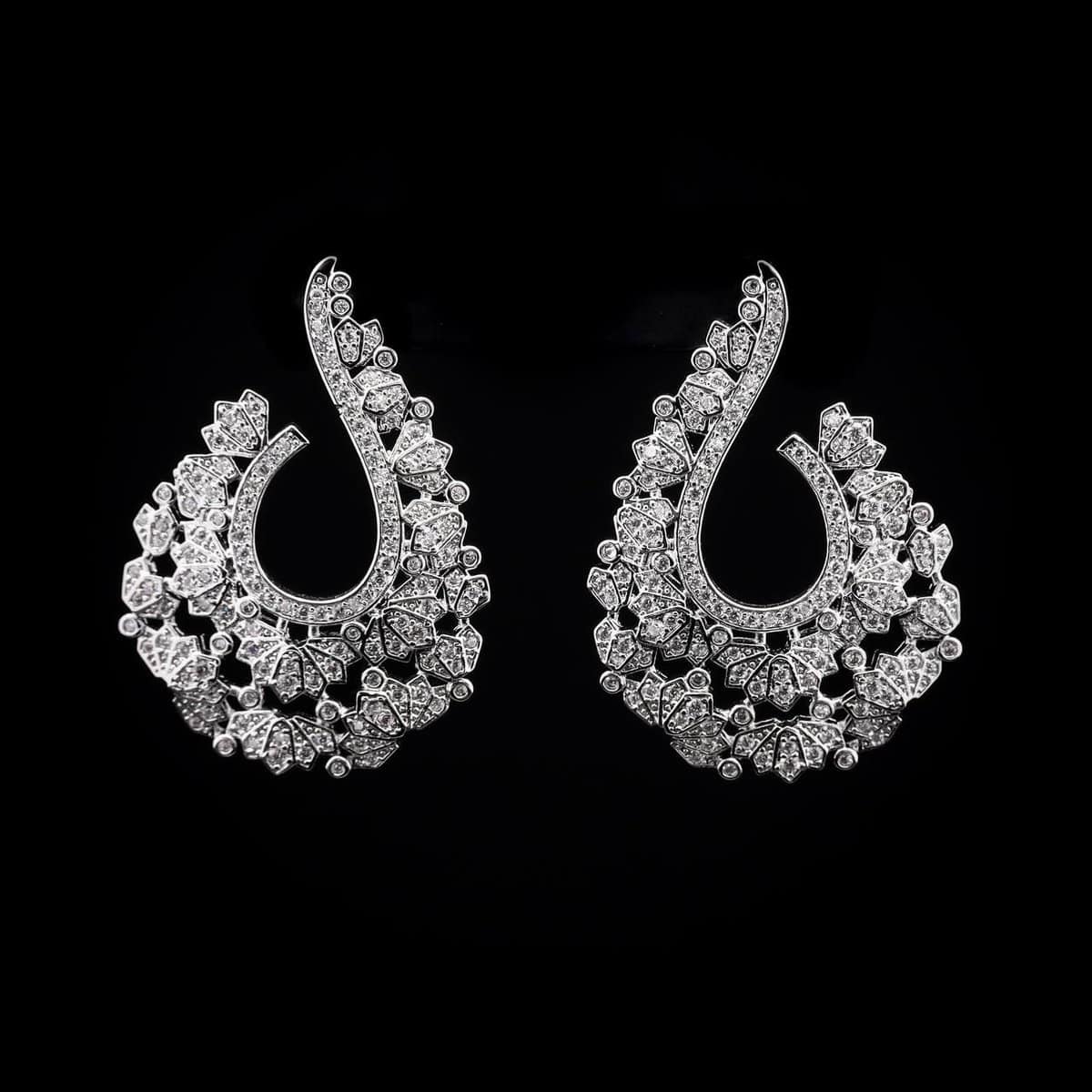 Omnia Suhaila Paisley-Design Drop Earrings with High-Quality Zircon Stones in Rhodium-Plated Finish - OMNIASTORES UAE