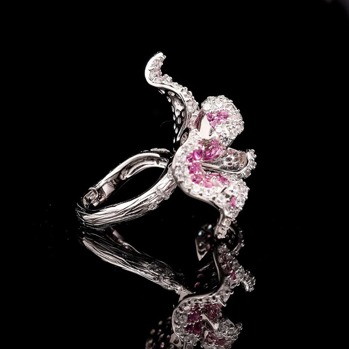 Omnia Pink Orchid Ring in 92.5 Silver with High-Quality Simulated Diamonds and Coral Stone Detail - OMNIASTORES UAE