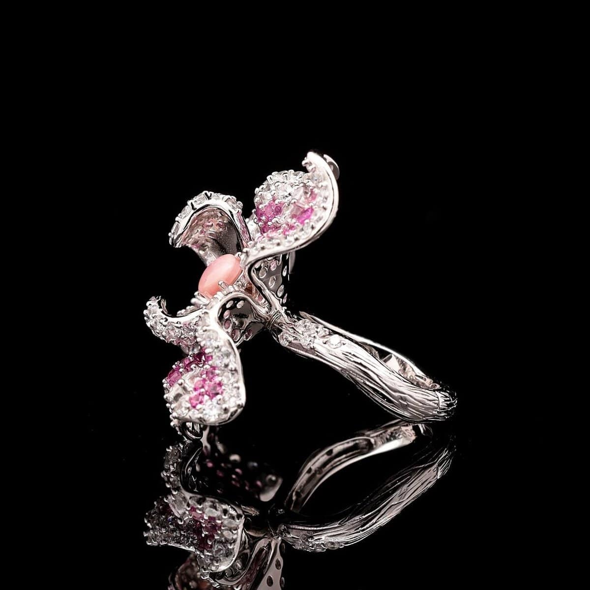 Omnia Pink Orchid Ring in 92.5 Silver with High-Quality Simulated Diamonds and Coral Stone Detail - OMNIASTORES UAE
