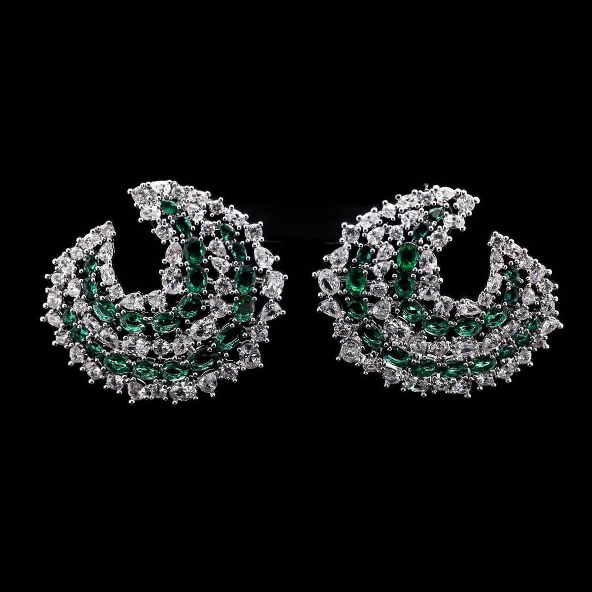 Omnia Salma Crescent Earrings with Green and White Zircon in High Quality Rhodium Plated - OMNIASTORES UAE
