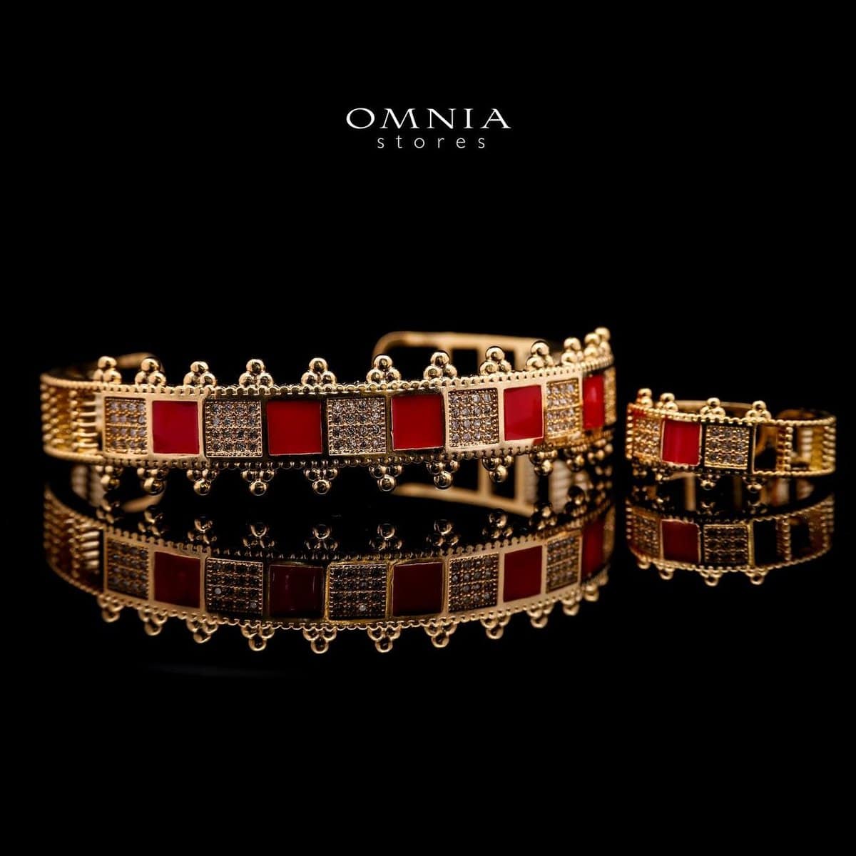 Omnia Noor Gold-Plated Bracelet and Ring Set with Red Square-Cut and Round-Cut High-Quality Zircon Stones in Elegant Design - OMNIASTORES UAE
