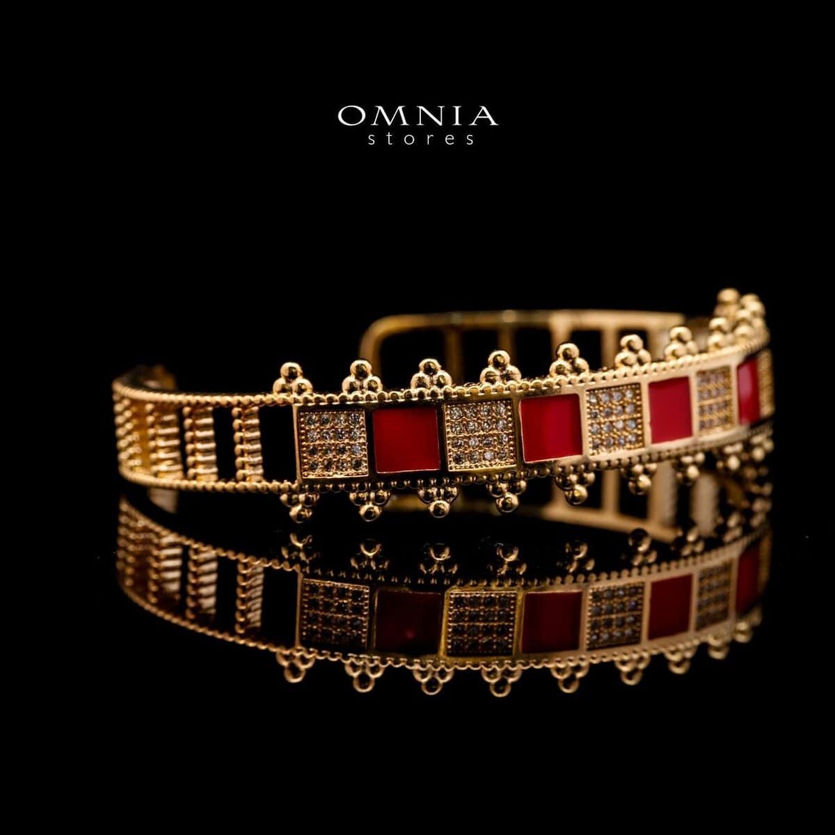 Omnia Noor Gold-Plated Bracelet and Ring Set with Red Square-Cut and Round-Cut High-Quality Zircon Stones in Elegant Design - OMNIASTORES UAE
