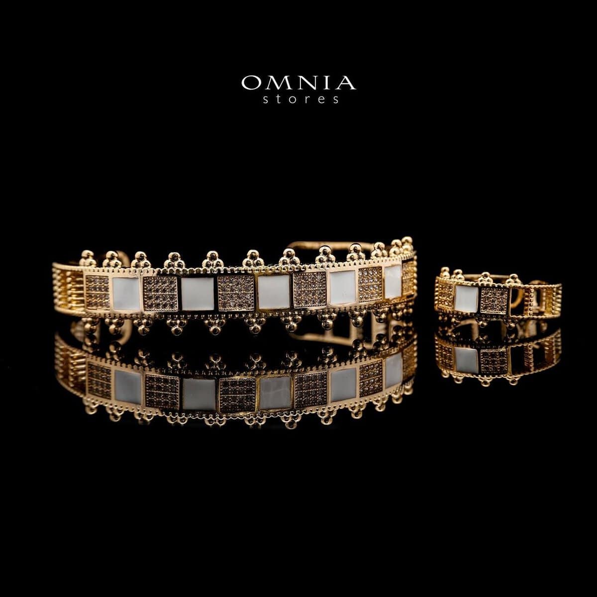 Omnia Noor Gold-Plated Bracelet and Ring Set with White Square-Cut and Round-Cut High-Quality Zircon Stones in Elegant Design - OMNIASTORES UAE