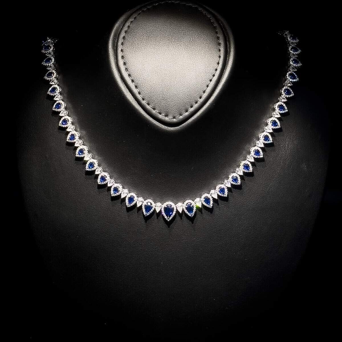 Omnia Sapphire Elegance Bridal Set in 925 Silver, Rhodium-Plated, with Pear-Cut Simulated Sapphires & Halo Accents - OMNIASTORES UAE