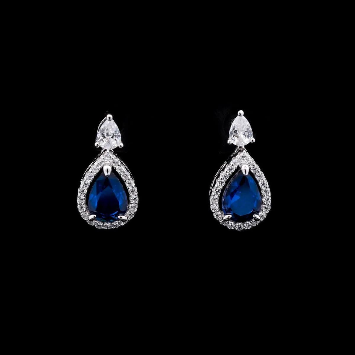 Omnia Sapphire Elegance Bridal Set in 925 Silver, Rhodium-Plated, with Pear-Cut Simulated Sapphires & Halo Accents - OMNIASTORES UAE