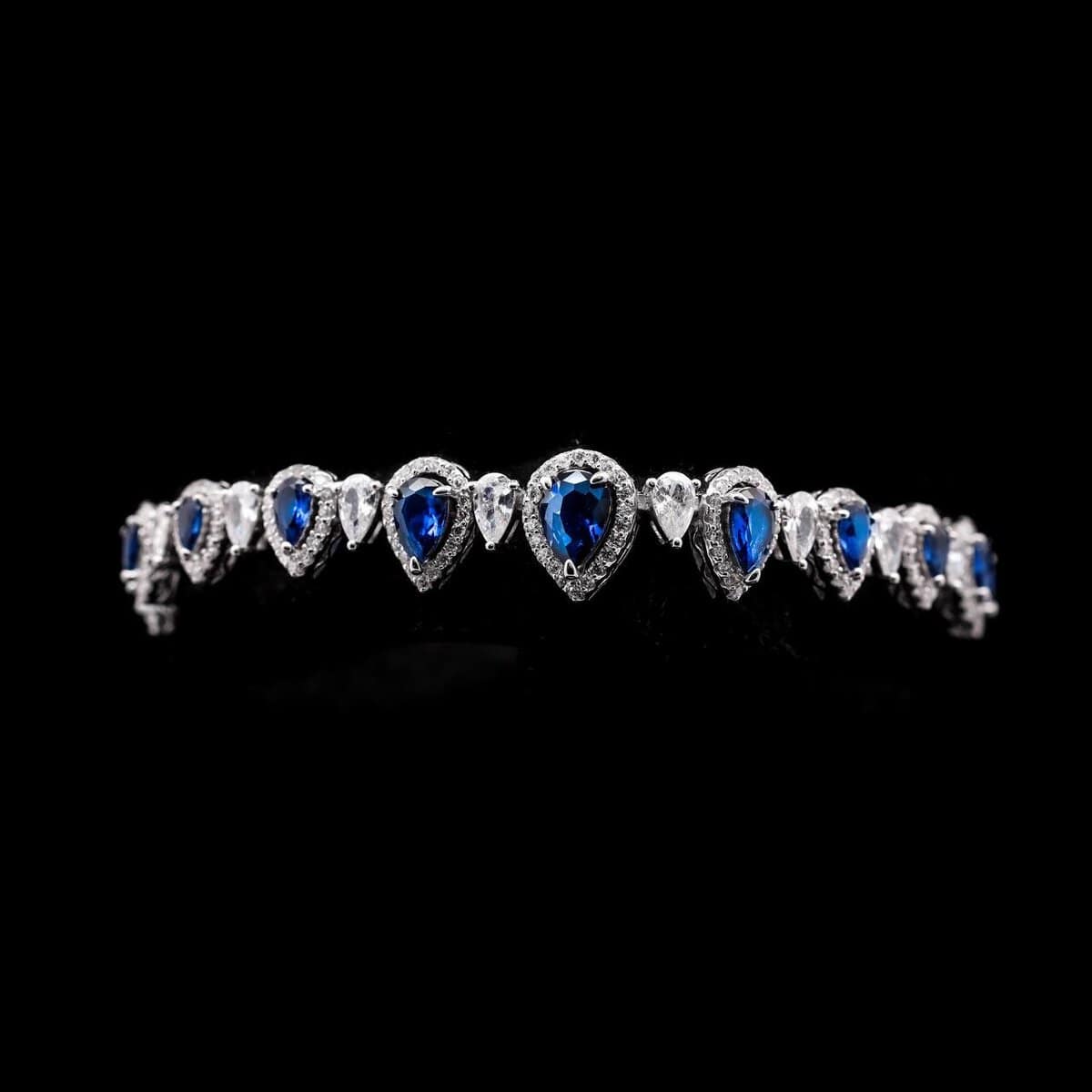 Omnia Sapphire Elegance Bridal Set in 925 Silver, Rhodium-Plated, with Pear-Cut Simulated Sapphires & Halo Accents - OMNIASTORES UAE
