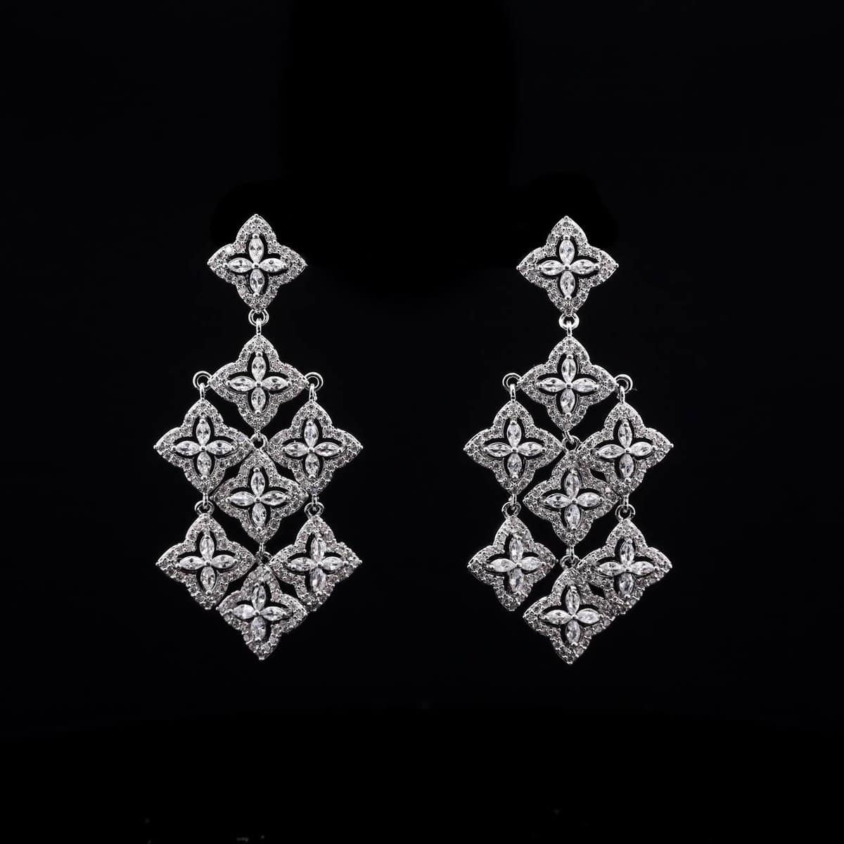 Omnia White Geometric Cascade Earrings with Pave-Set High-Quality Zircon Stones in a Gold-Tone Rhodium Plated Finish
