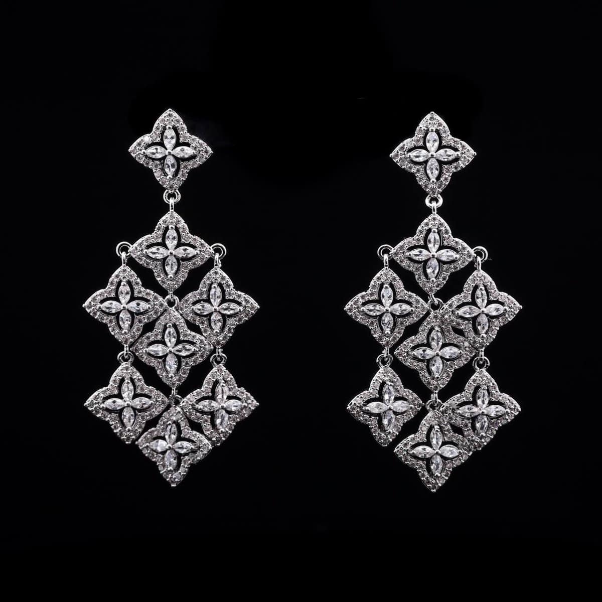 Omnia White Geometric Cascade Earrings with Pave-Set High-Quality Zircon Stones in a Gold-Tone Rhodium Plated Finish