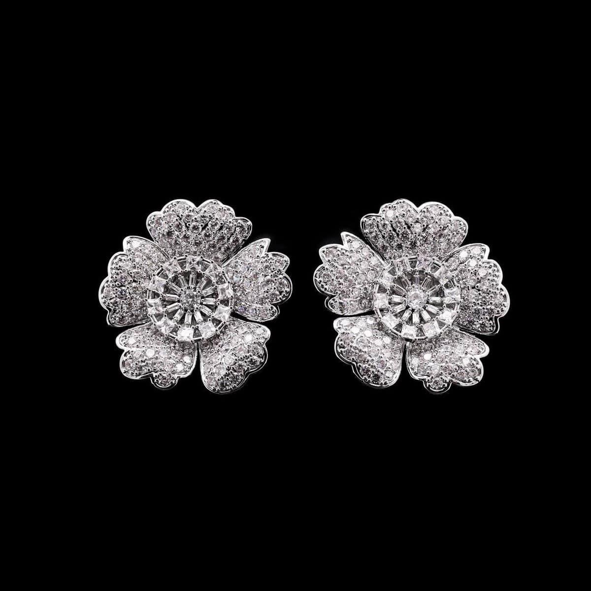Omnia Raneem Pure White Floral Stud Earrings in High-Quality Zircon Stones in a Rhodium Plated Finish - OMNIASTORES UAE