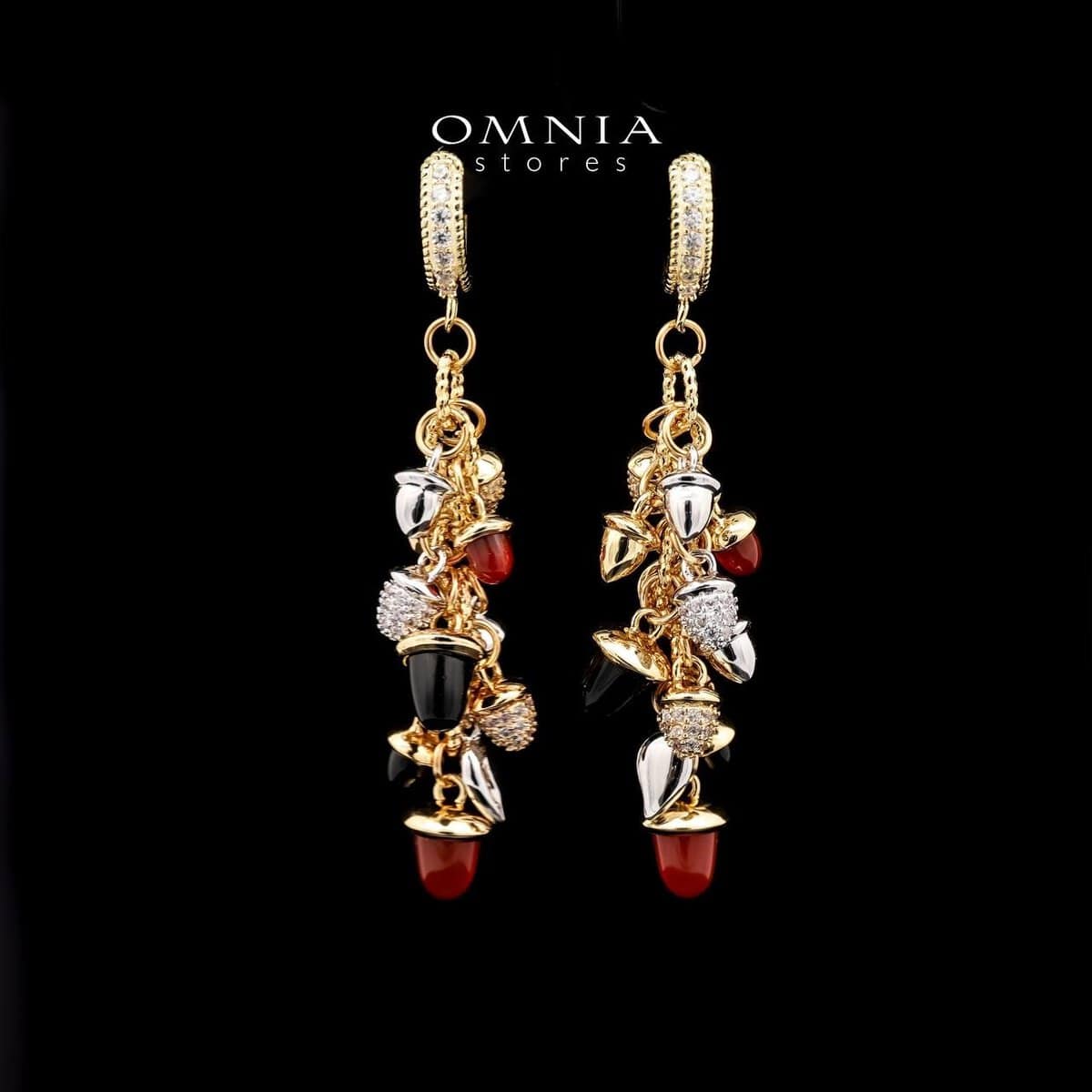 Omnia Sienna Black Agate and Red Agate Charm Dangle Earrings with Zircon Accents in Brass with Gold Plated Finish - OMNIASTORES UAE