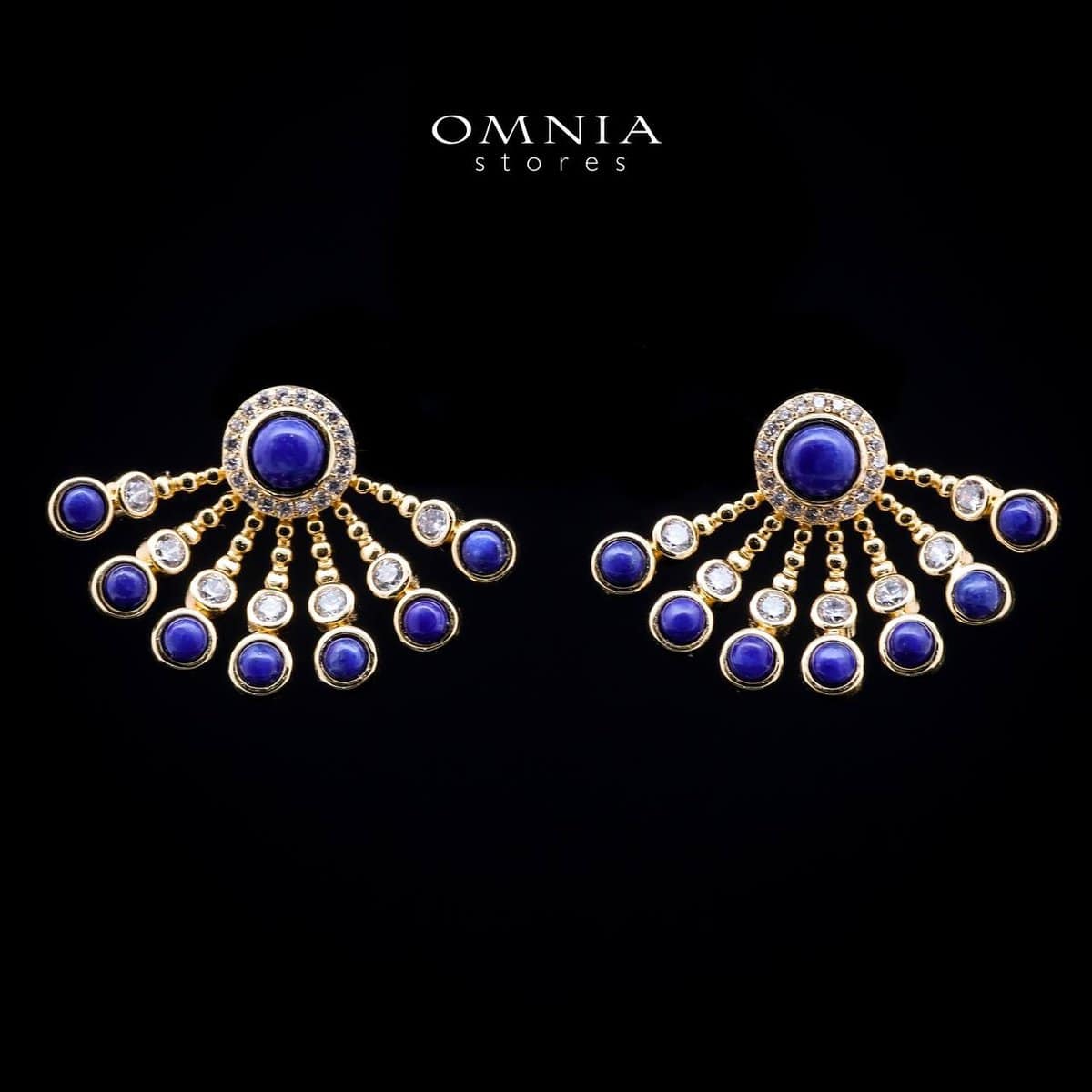 Omnia Layal Radiant Fan Lapis Earrings with Dangling Beaded Accents in Brass with Gold Plated Finish - OMNIASTORES UAE