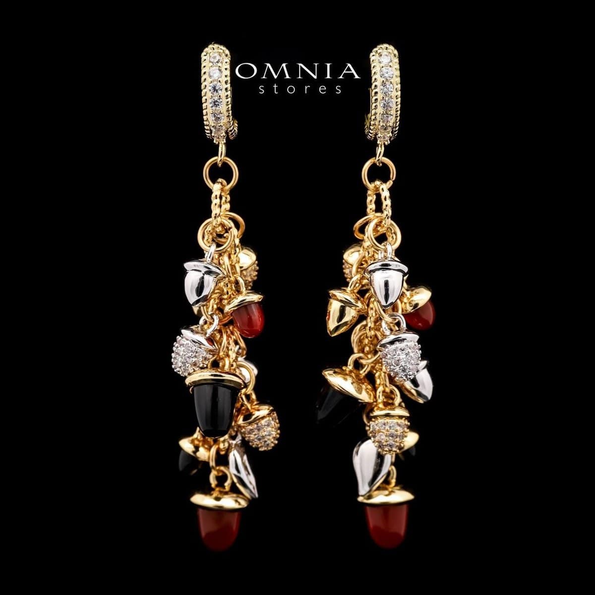 Omnia Sienna Black Agate and Red Agate Charm Dangle Earrings with Zircon Accents in Brass with Gold Plated Finish - OMNIASTORES UAE