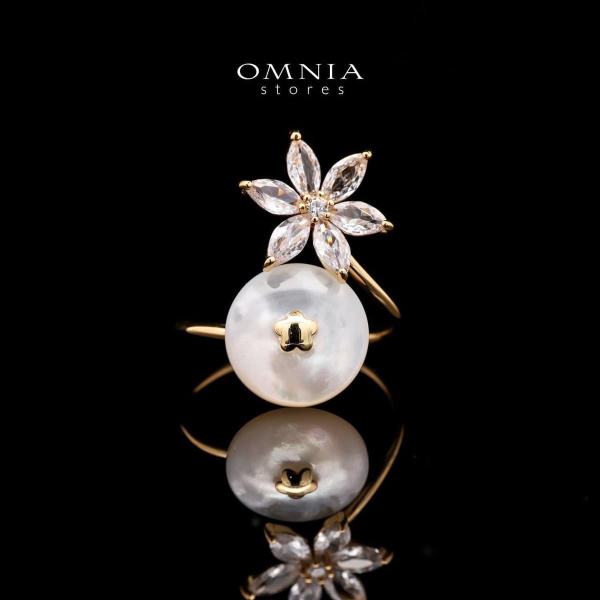 Omnia Nazanin Floral Pearl Ring in Brass Gold Plated with Mother of Pearl & Marquise Stones - OMNIASTORES UAE