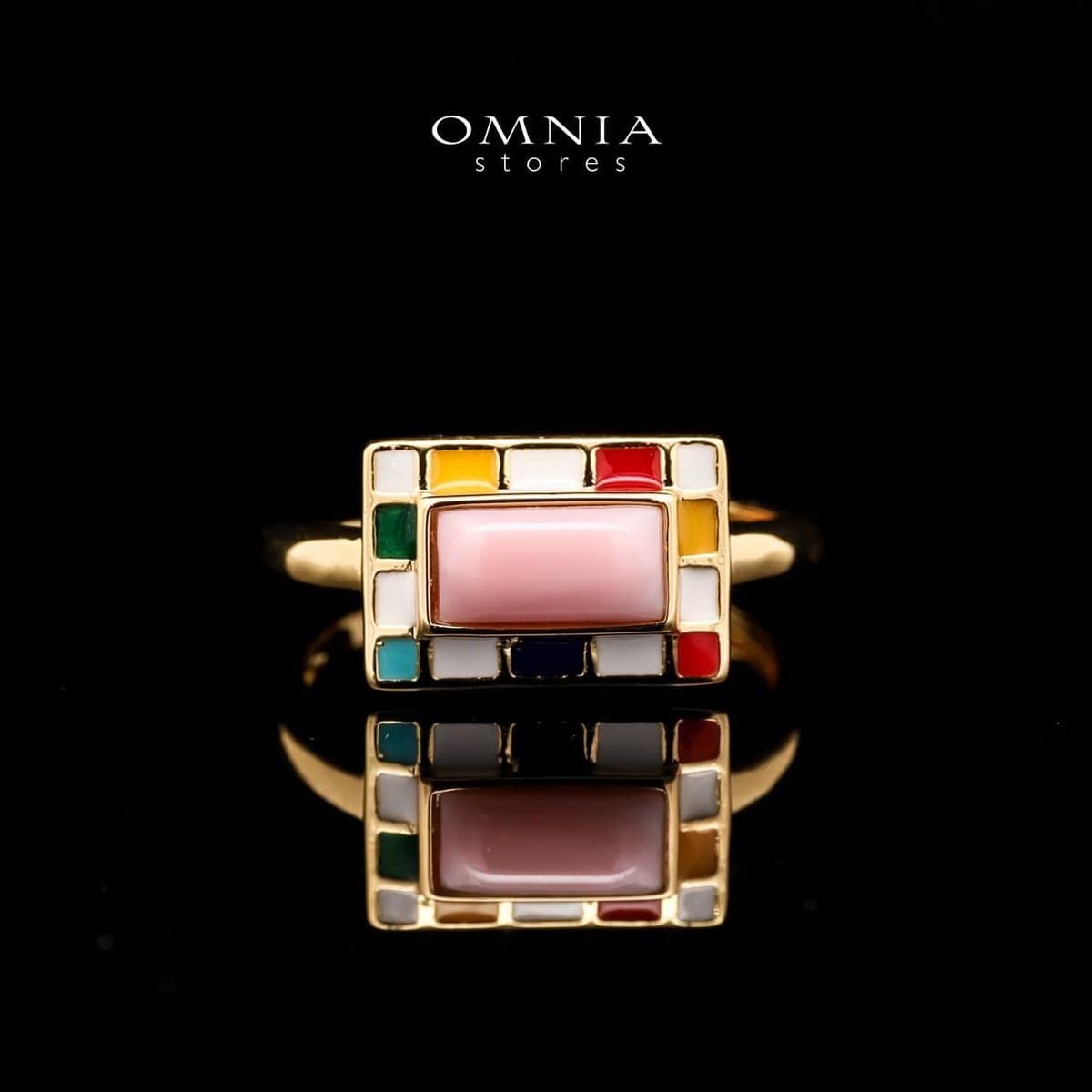 Omnia Livia Queen Shell Geometric Ring with Colorful Enamel Accents in Brass with Gold Plated Finish - OMNIASTORES UAE