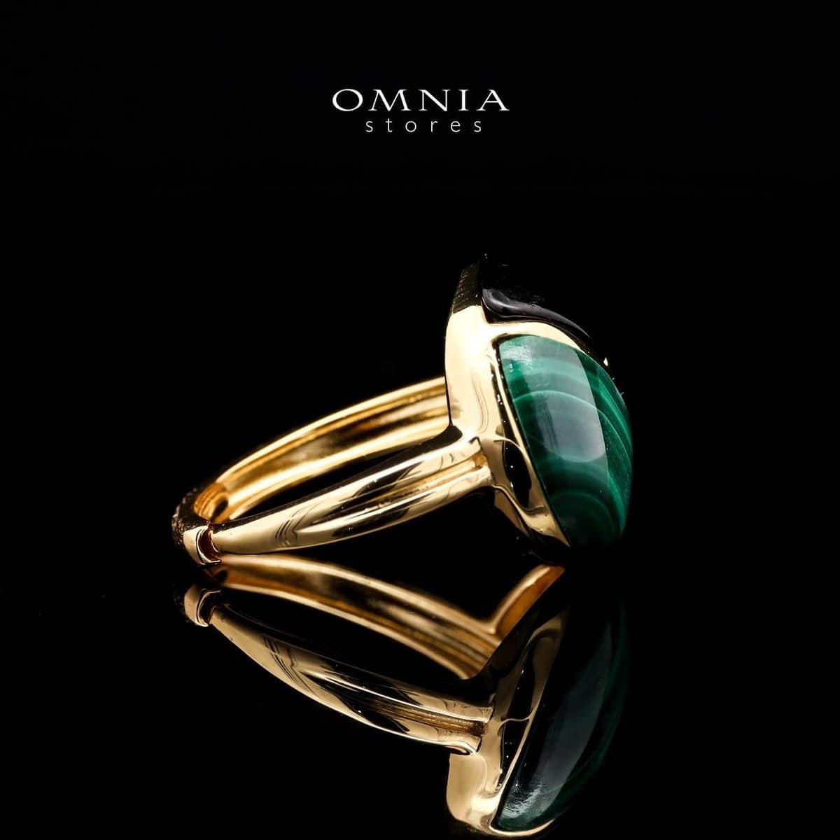 Omnia Selene Malachite and Black Agate Geometric Ring with Zircon Accents in Brass with Gold Plated Finish - OMNIASTORES UAE