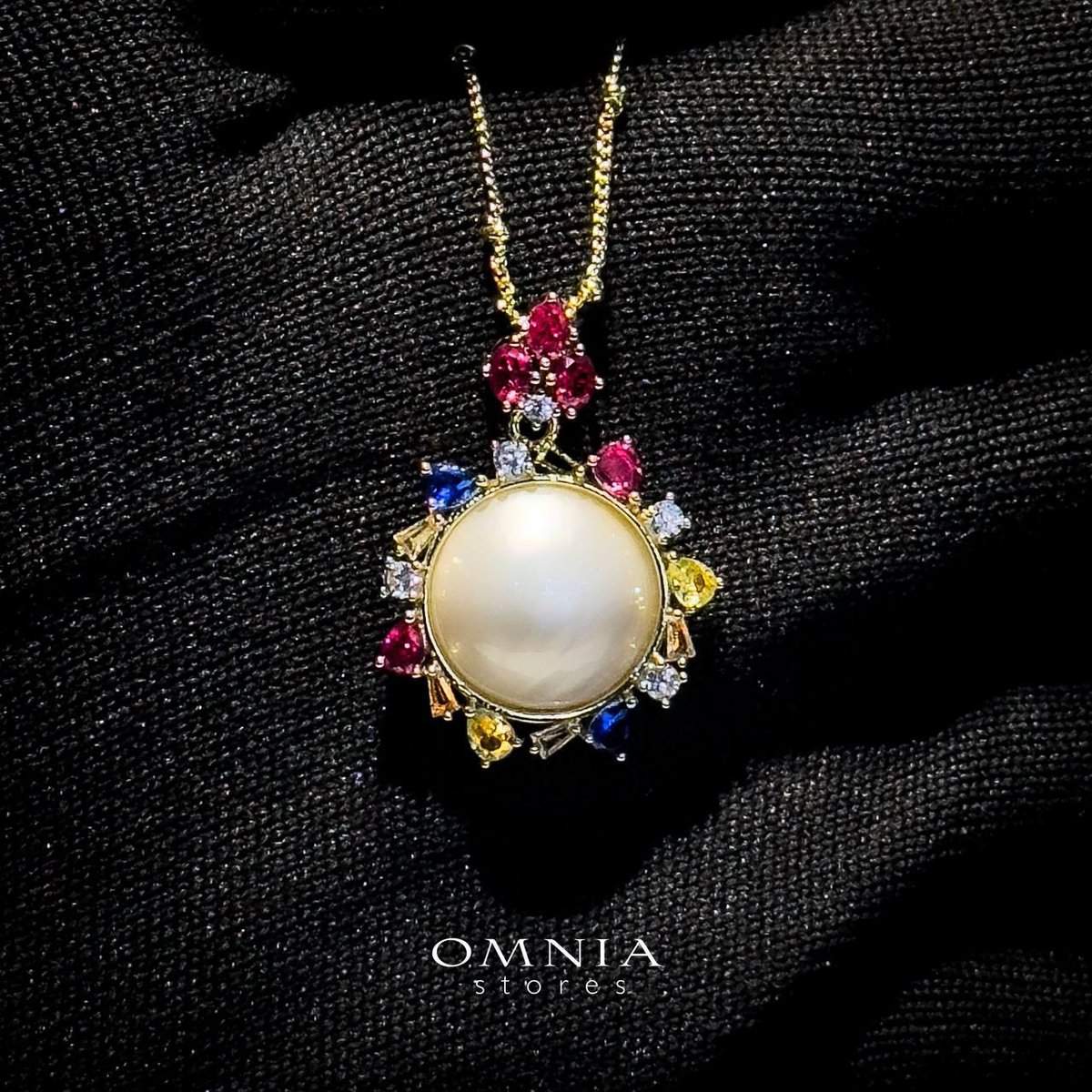 Omnia Serena White Mabel Pearl Halo Pendant Necklace with Multi-Color Zircon Accents in Brass with Gold Plated Finish - OMNIASTORES UAE