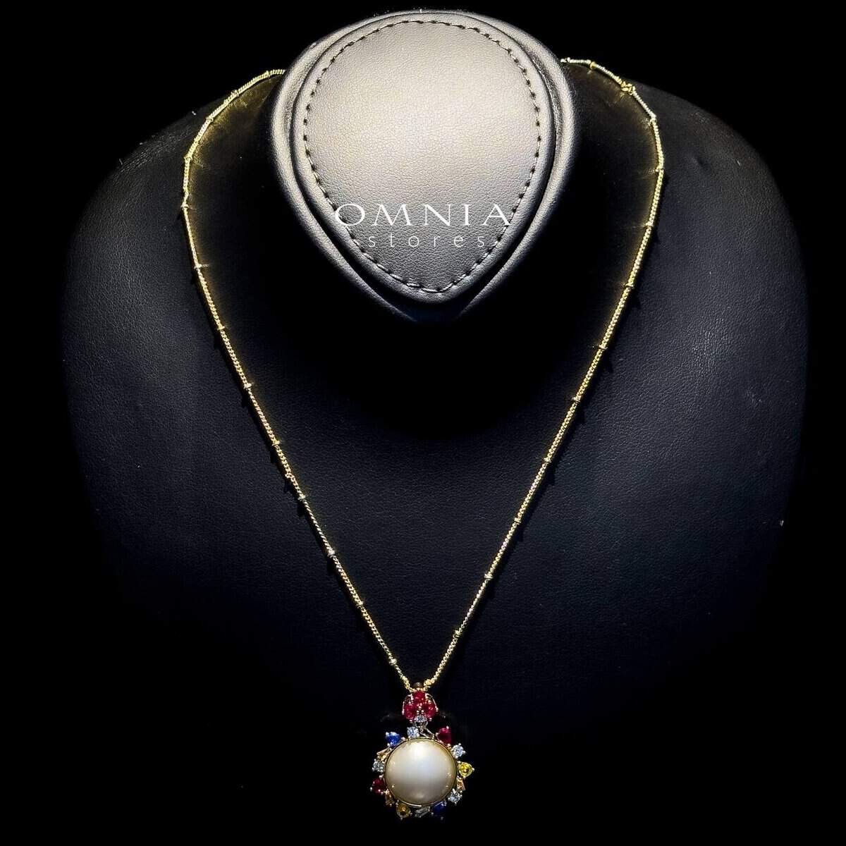 Omnia Serena White Mabel Pearl Halo Pendant Necklace with Multi-Color Zircon Accents in Brass with Gold Plated Finish - OMNIASTORES UAE