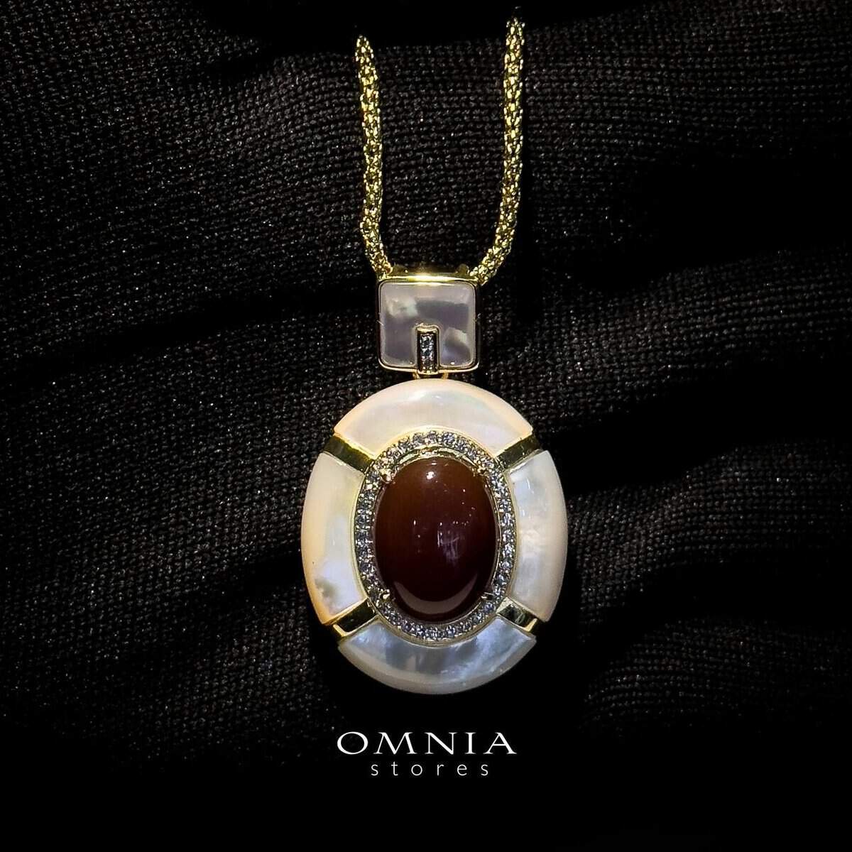 Omnia Ayesha Pendant Necklace in Brass Gold Plated with White Shell & Red Agate - OMNIASTORES UAE