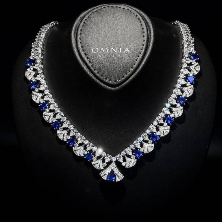 Omnia Elizabeth Sapphire Grace Bridal Full Set with Pear and Round Cut High-Quality Simulated Diamonds and Blue Gemstones in a Luxurious Rhodium Plated Finish - OMNIASTORES UAE