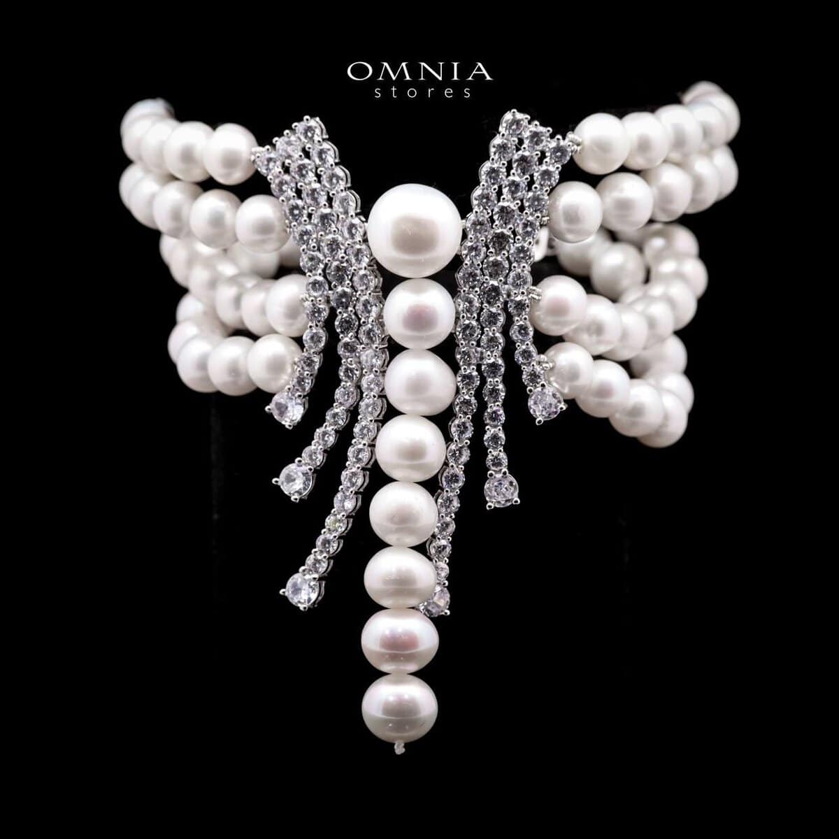 Omnia Shanina Bridal Bracelet Designed with Multi-Strand Freshwater Real Pearls and High-Quality Simulated Diamonds in a Luxurious Rhodium Plated Finish - OMNIASTORES UAE
