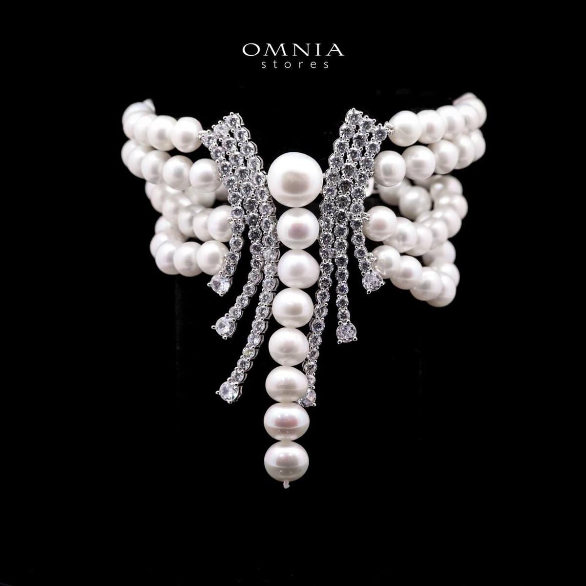 Omnia Shanina Bridal Bracelet Designed with Multi-Strand Freshwater Real Pearls and High-Quality Simulated Diamonds in a Luxurious Rhodium Plated Finish - OMNIASTORES UAE