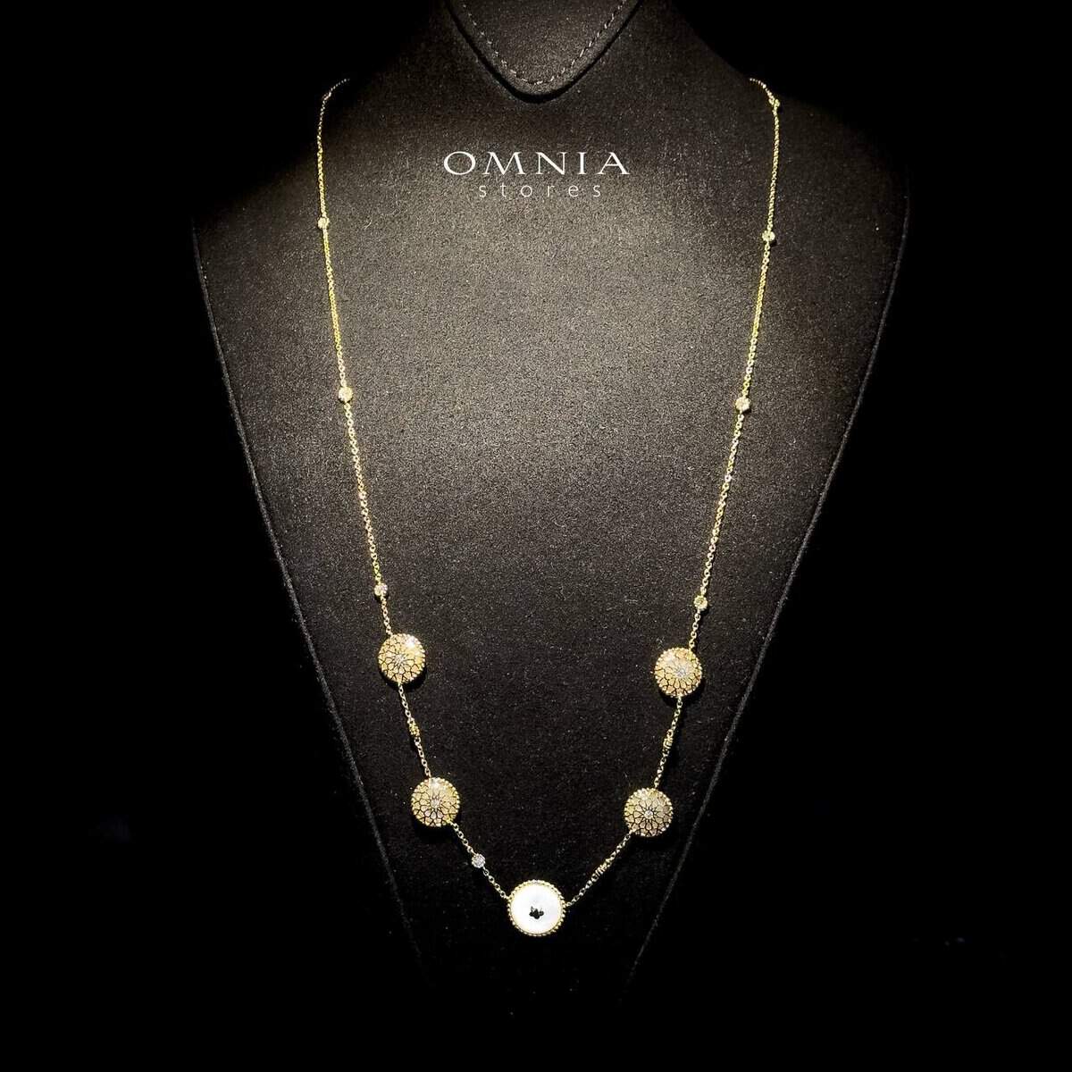 Omnia Sandra Long Chain Necklace in Brass Gold Plated with White Shell & Artistic Disc Design - OMNIASTORES UAE