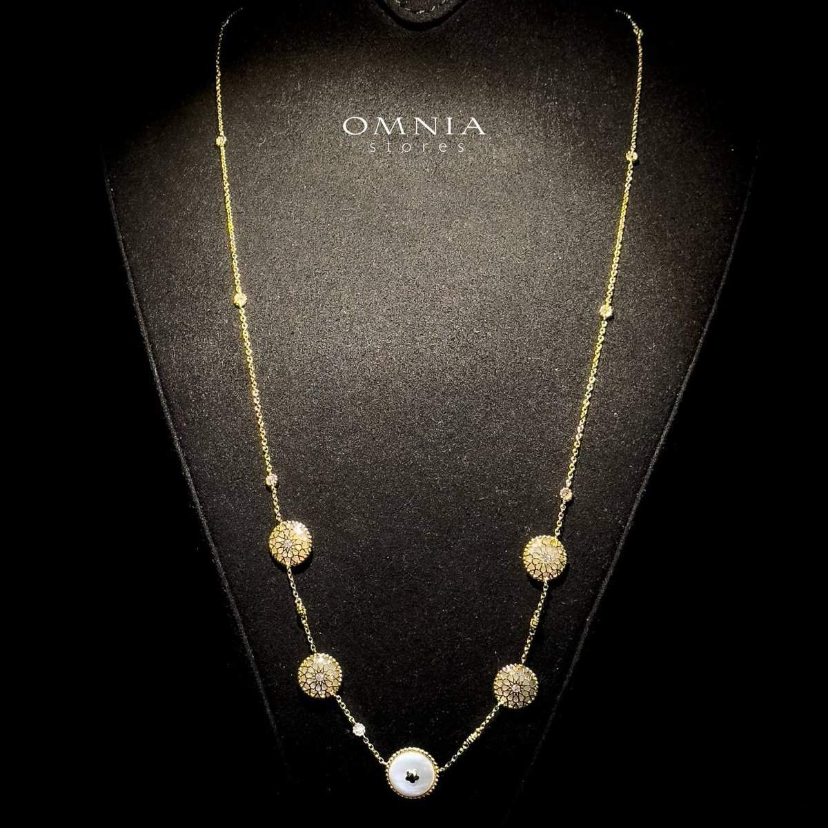 Omnia Sandra Long Chain Necklace in Brass Gold Plated with White Shell & Artistic Disc Design - OMNIASTORES UAE