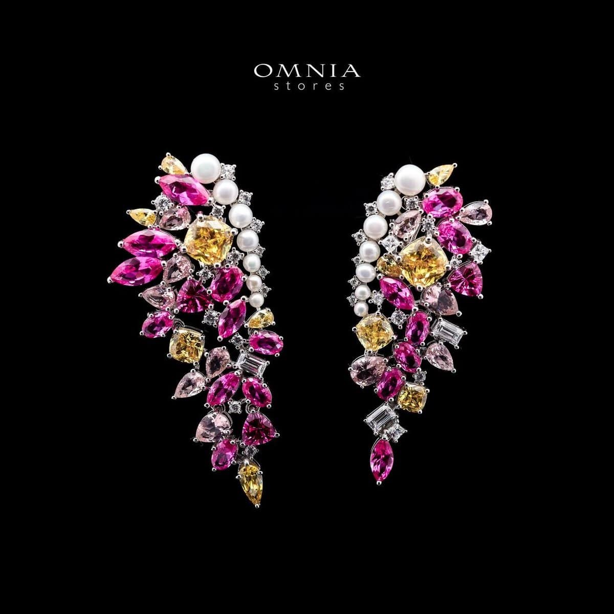 Omnia Amara Statement Earrings in 925 Silver with Multi-Colored High-Quality Simulated Diamonds - OMNIASTORES UAE