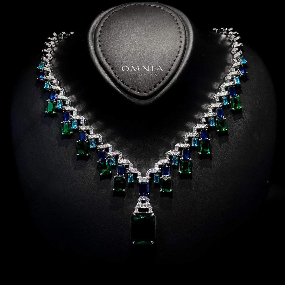 Omnia Veryna Bridal Full Set in High Quality Simulated Diamonds Premium Rhodium Plated with Emerald and Sapphire Cut Stones - OMNIASTORES UAE