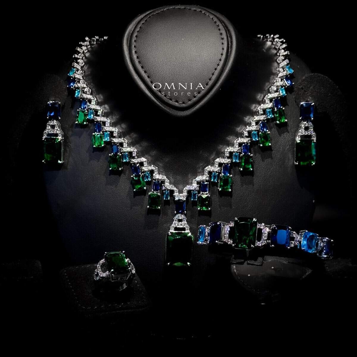 Omnia Veryna Bridal Full Set in High Quality Simulated Diamonds Premium Rhodium Plated with Emerald and Sapphire Cut Stones - OMNIASTORES UAE