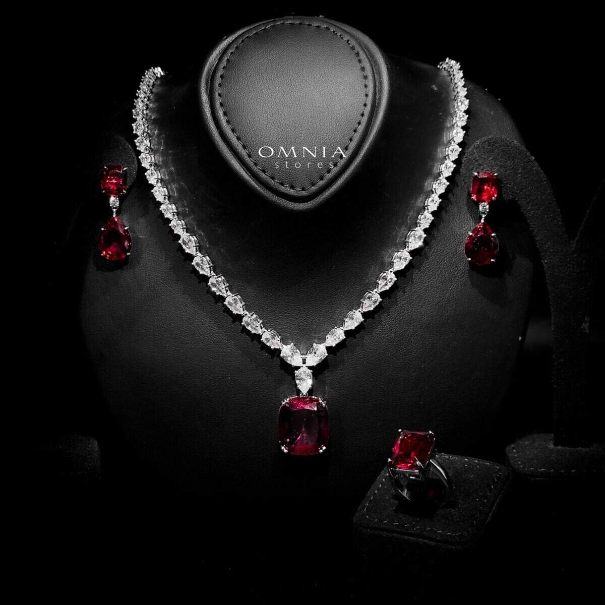 Omnia Audrey Red Bridal Full Set in High Quality Simulated Diamonds with Cushion Cut Stones, Rhodium Plated - OMNIASTORES KSA