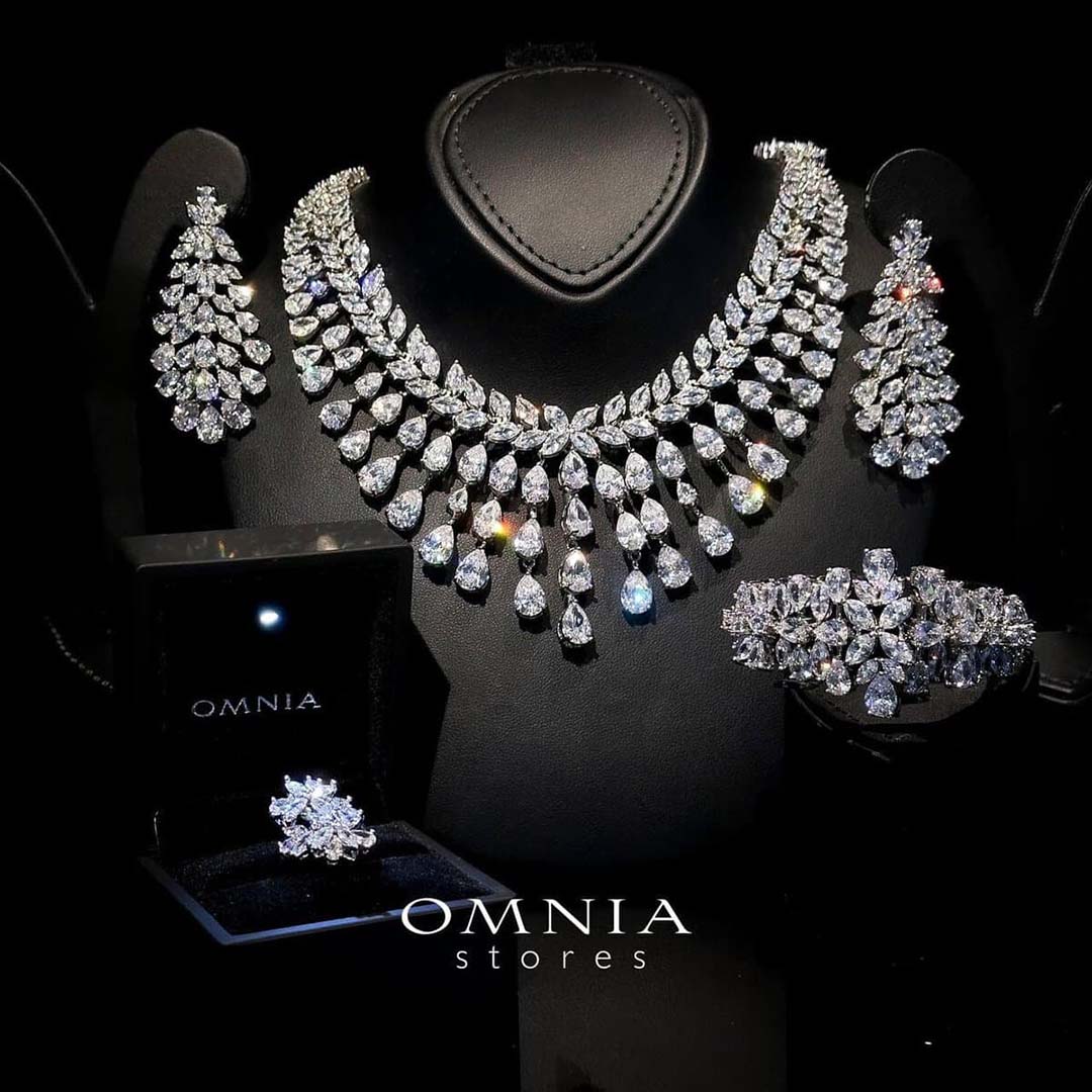 Omnia Sufia Luxury Bridal Full Set in High Quality Simulated Diamonds with Pear and Marquise Cut Stones, Rhodium Plated - OMNIASTORES KSA