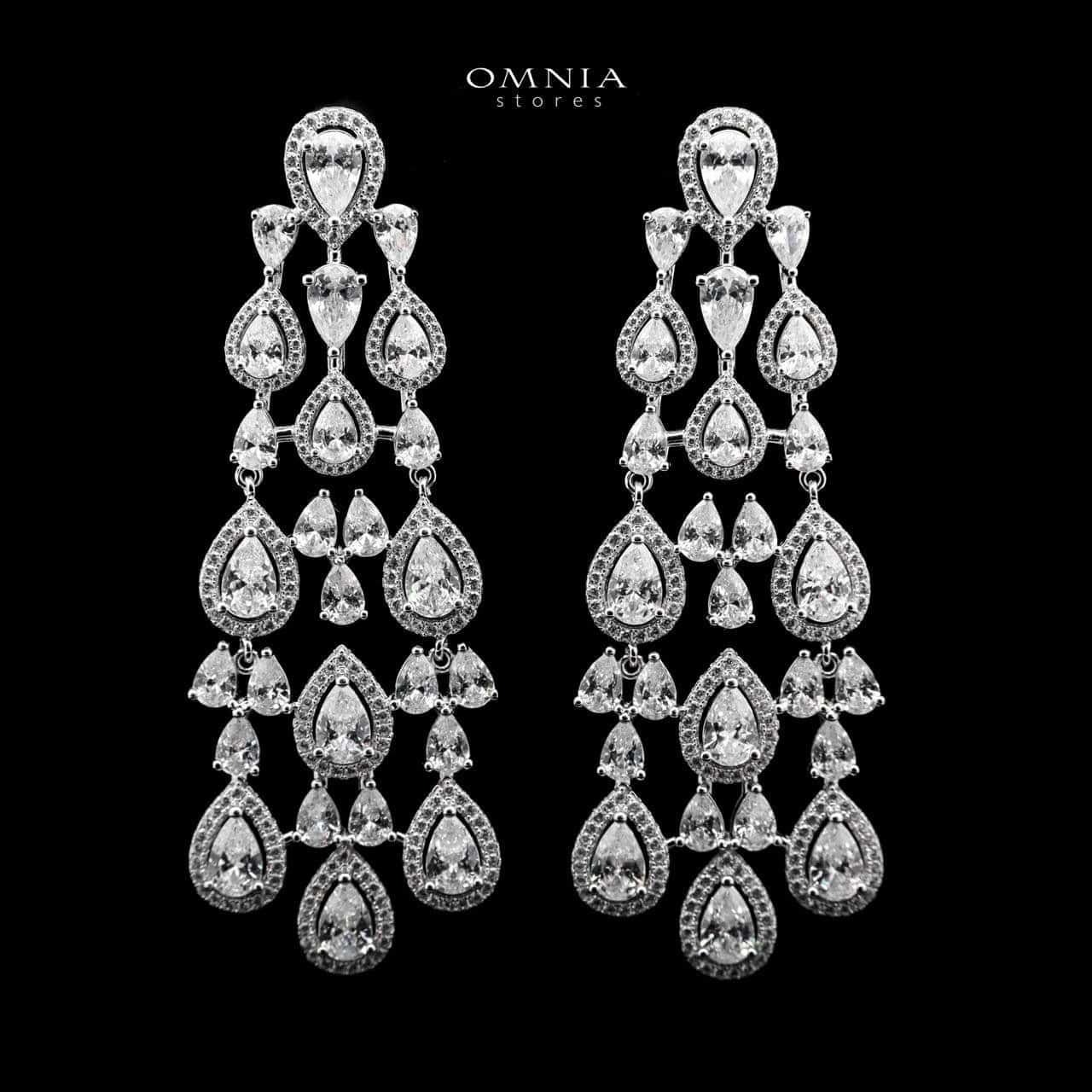 Omnia Basima White Chandelier Earrings in 925 Silver with Pear-Cut High-Quality Simulated Diamonds - OMNIASTORES KSA